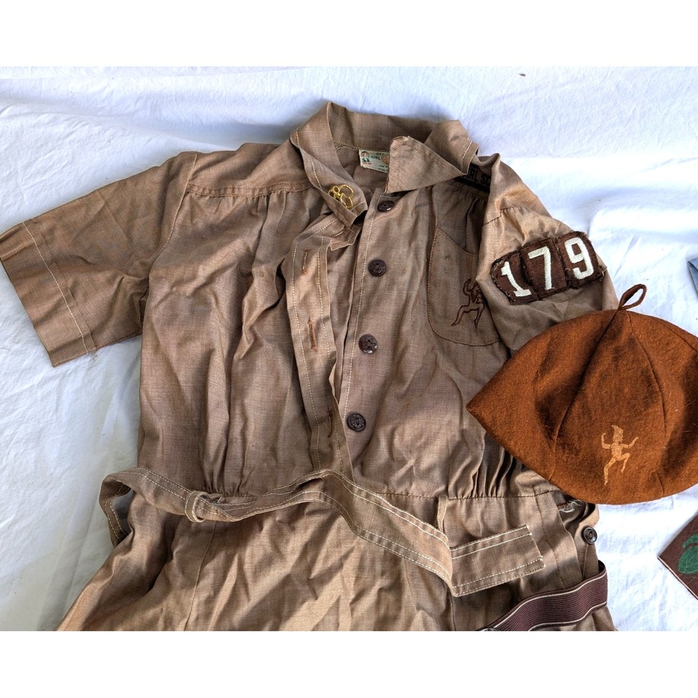 Girl Scouts Brownie uniform, pin, socks, hat, 2 belts & ephemera memorabilia VTG